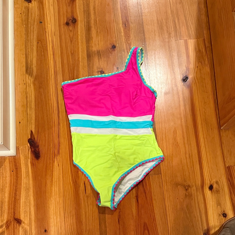 Vibrant One-Shoulder Swimsuit - Pink and Green